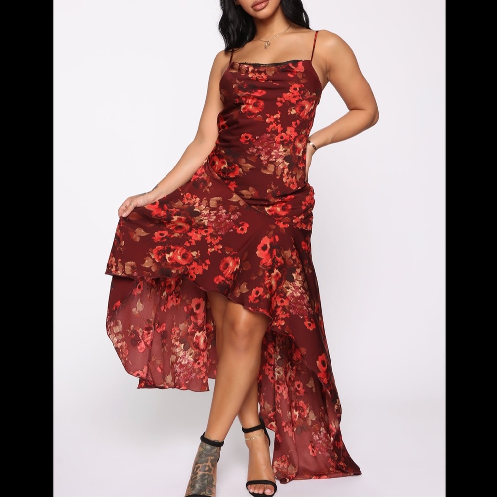 ‘More to Give’ Satin Burgundy Floral Maxi Dress